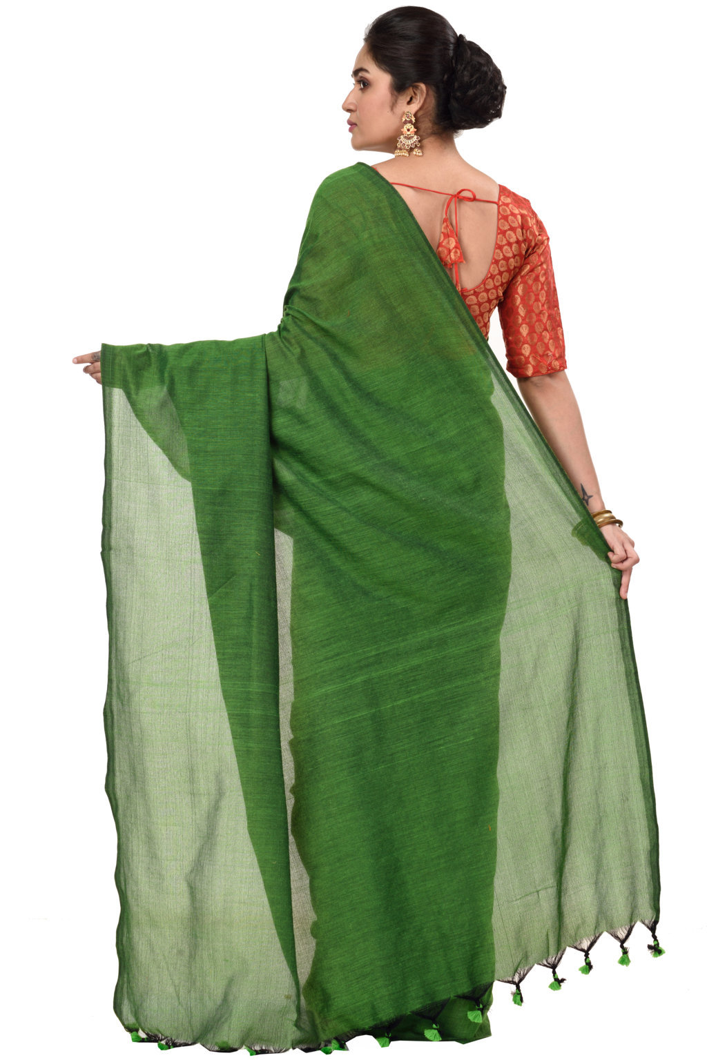Green Pure Cotton ThanKhadi Hand Loom Saree (445)